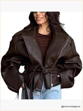 Leather Motorcycle Jacket Cropped Oversized with Belt Zip Up Y2K